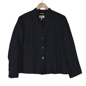 Talbots Blazer Women 14 Petite Black Irish Linen Lightweight Lined 3 Button READ